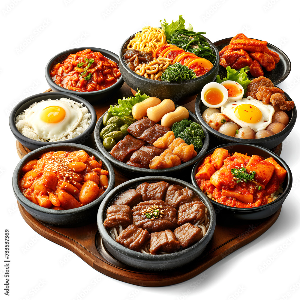 set of Korean food, Korean foods served on white background. set of Korean food, Korean foods served on white background.