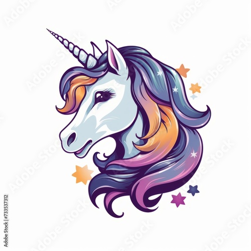 Unicorn with Stars - Flat Cartoon Logo Design Vector Illustration - Isolated on White Background