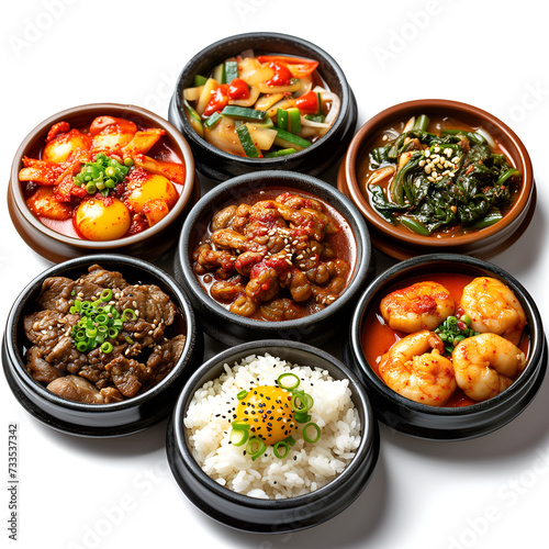 set of Korean food, Korean foods served on white background.