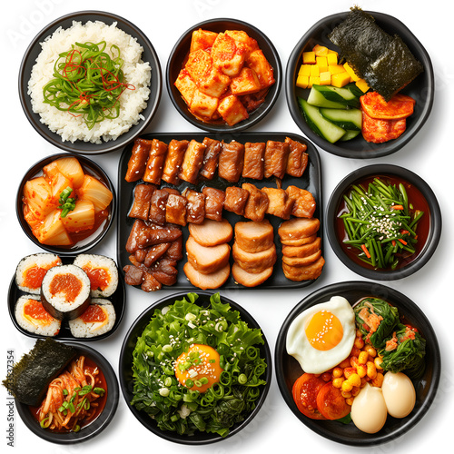 set of Korean food, Korean foods served on white background.