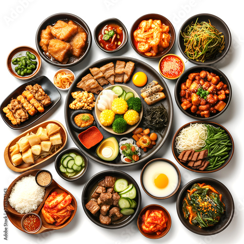 set of Korean food, Korean foods served on white background.
