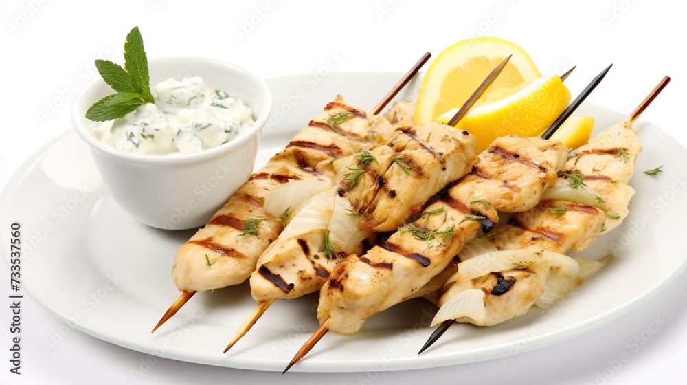 Succulent Chicken Souvlaki with Tzatziki Sauce on White Background, A Flavorful Greek Delight.
Succulent Chicken Souvlaki with Tzatziki Sauce on White Background, A Flavorful Greek Delight.