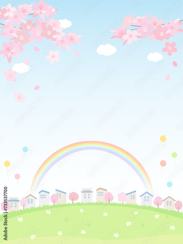 桜と青空と芝生と町並みの背景 春の景色
桜と青空と芝生と町並みの背景 春の景色