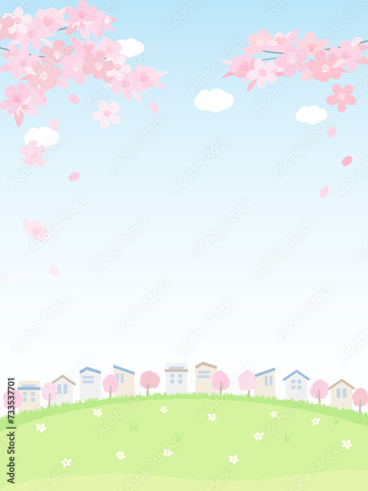 桜と青空と芝生と町並みの背景　春の景色

