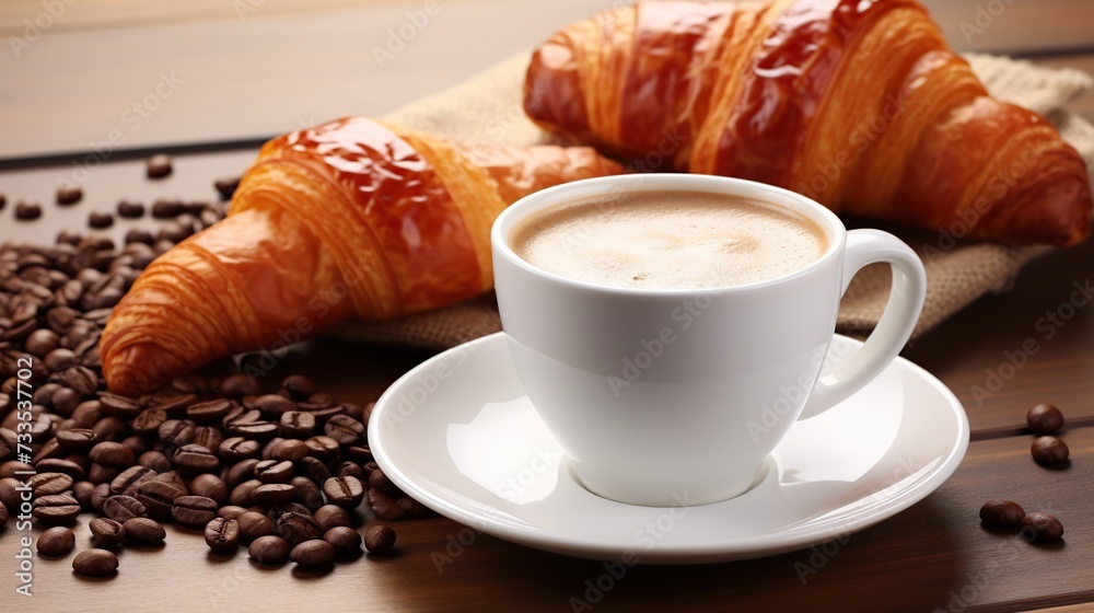 French Indulgence: Croissant & Coffee on White Background Crafted by Generative AI French Indulgence: Croissant & Coffee on White Background Crafted by Generative AI