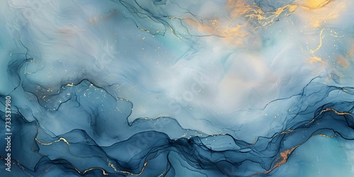 In an abstract design on the marble wall, blue watercolor textures blended with hints of gold and light depict a nature-inspired art piece, with swirling clouds and a touch of green, Generative AI 