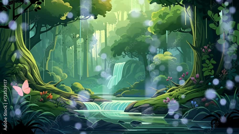 Fantasy spring tropical green forest with beautiful waterfall on anime or cartoon style.  4k Seamless loop animation background