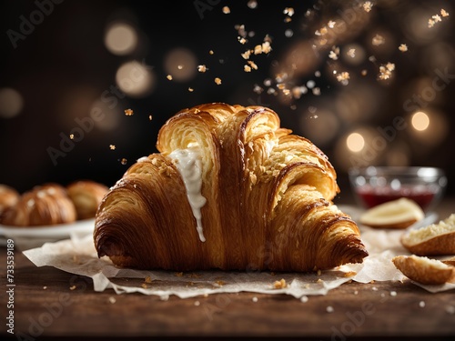 French croissants, best puff pastry dessert, cinematic food photography in studio background  photo