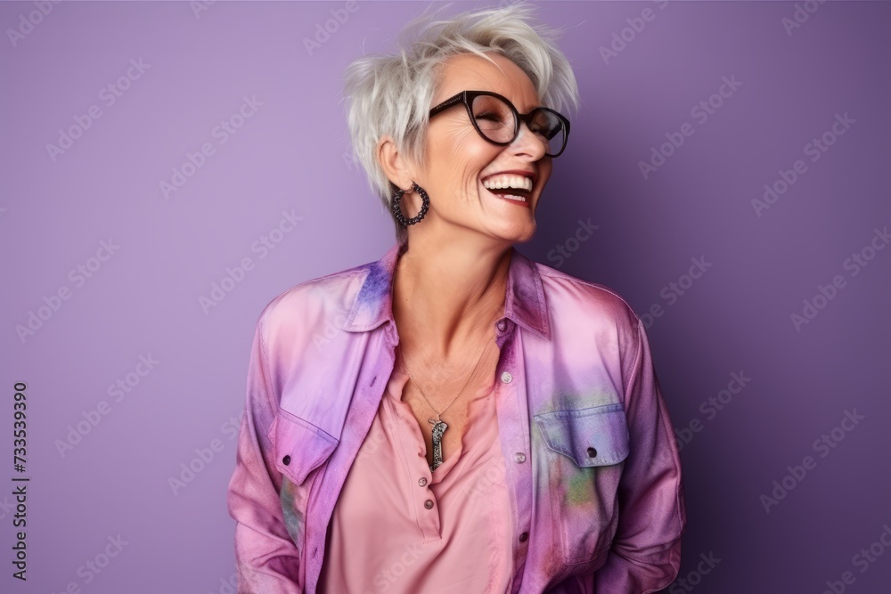 Portrait of a beautiful mature woman with short hair and glasses.