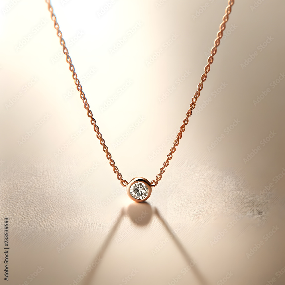 Fototapeta premium a thin, slender rose gold necklace with a small diamond pendant, showcased against a neutral background to emphasize its elegance and simplicity