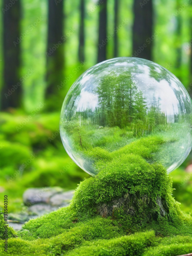 GENERATIVE AI, crystal globe on moss in a forest - environment concept GENERATIVE AI, crystal globe on moss in a forest - environment concept