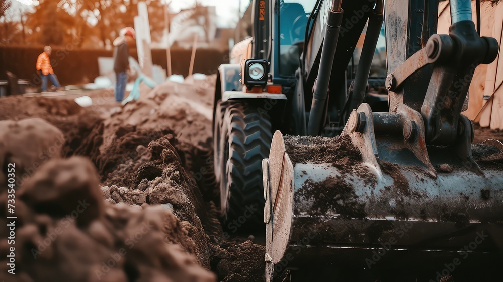 Backhoe on construction site. The backhoe's operator uses the machine's