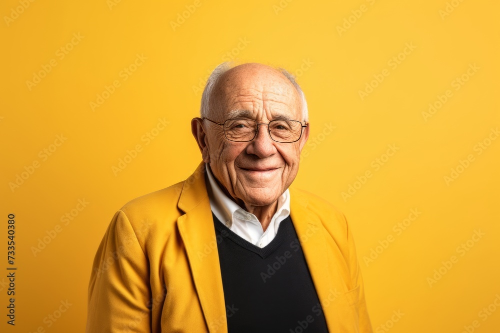 Portrait of a happy senior man with glasses on yellow background. Portrait of a happy senior man with glasses on yellow background.