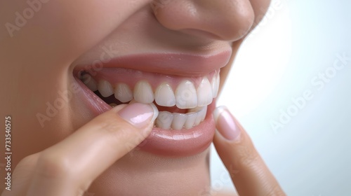 Young Caucasian woman inserting a dental aligner. Close-up view. The aligner fits snugly, adjusting her teeth with precision.