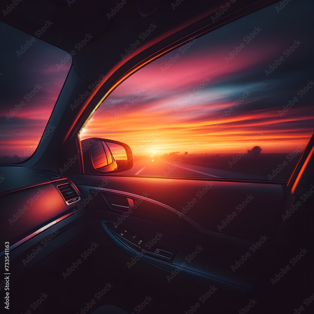 Obraz premium The perspective from the car's side window adds a sense of motion and journey, inviting viewers to imagine driving towards the horizon as the day ends
