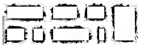 Set of grunge stencil frames with splatters, hand drawn and halftone elements. Texting boxes. Vector template collection isolated on white background.