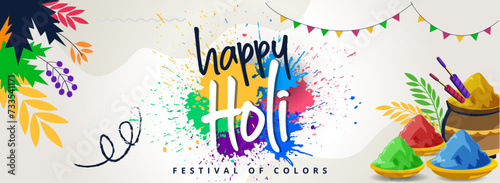happy holi festival of colors. Web banner design, colorful background with paint splash powder explosion. Indian festival in India. Hindu culture. Holi design vector illustration.