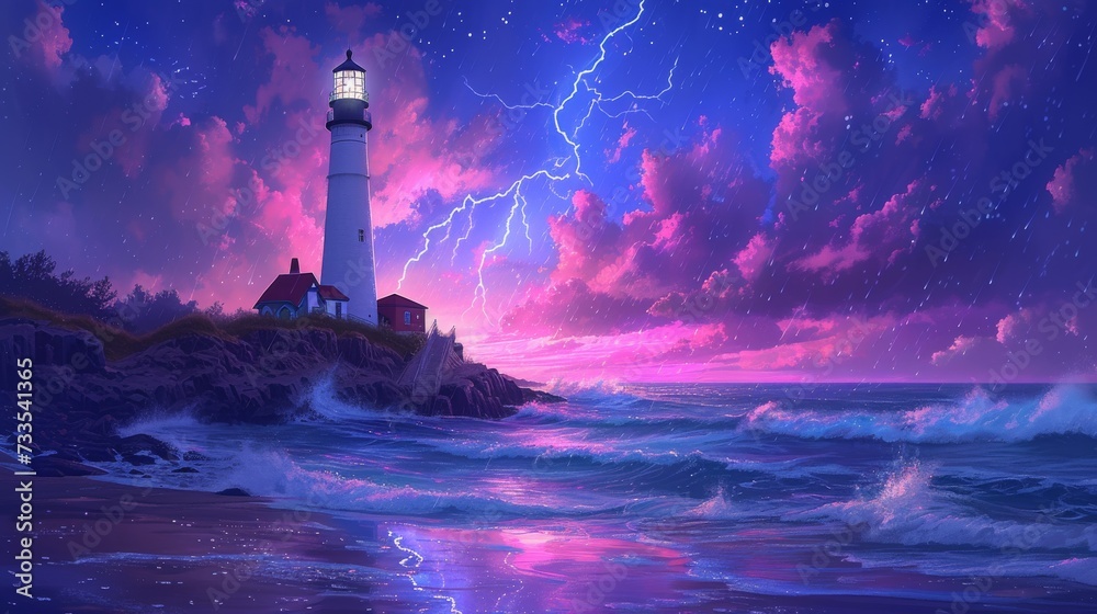 Purple Twilight Seascape with Lighthouse and Lightning