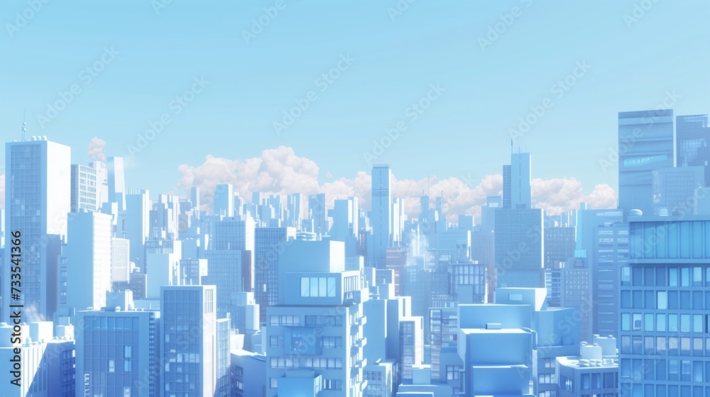 A city skyline made of bluish buildings and blue skies.