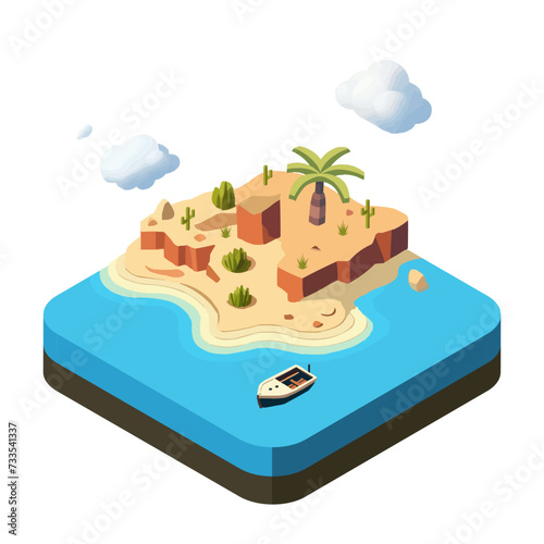 Isometric Illustration of an Island Beach with Boat Floating in Crystal Clear Waters. Isometric Island Paradise with Boat Sailing Near Sandy Beach in Perspective View
