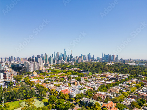 An aerial view of the Melbourne CBD on a sunny morning. 