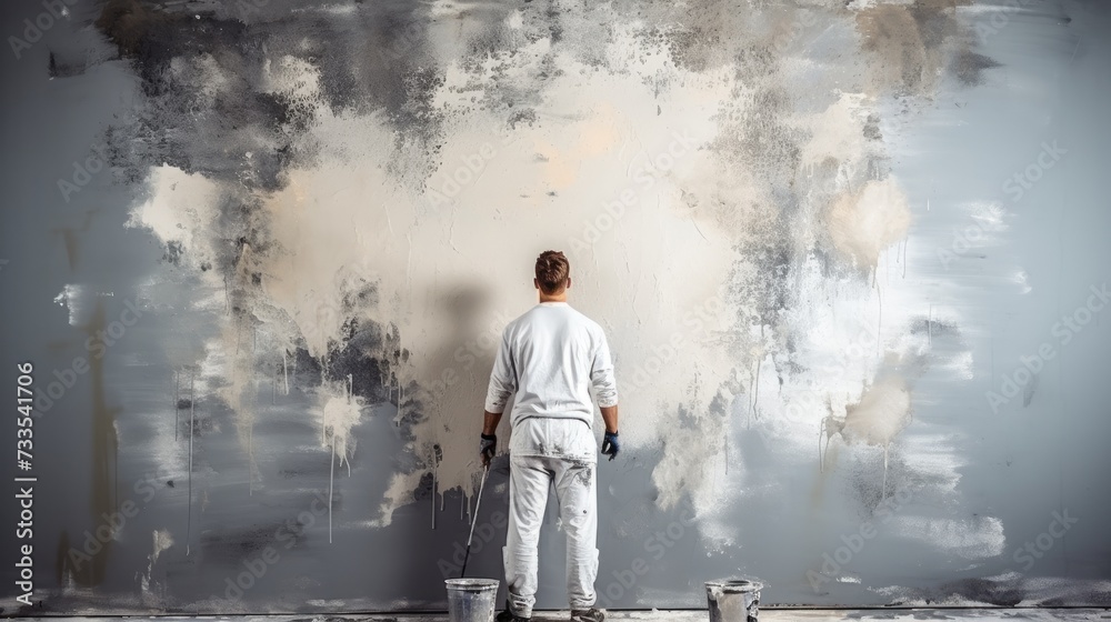 A man with buckets of paint in front of a gray concrete wall. A man with buckets of paint in front of a gray concrete wall.