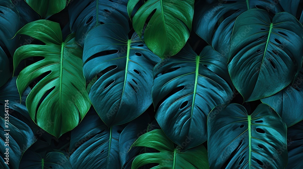 The background is made of large monstera leaves with a turquoise shade.