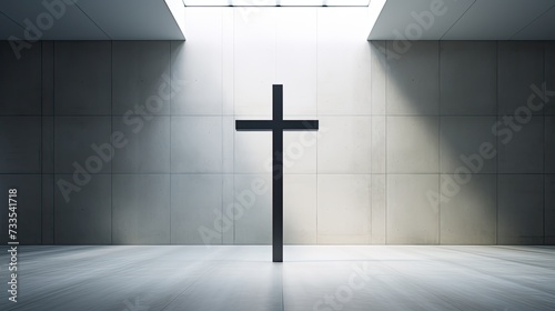 A Christian cross in an empty stone room. photo