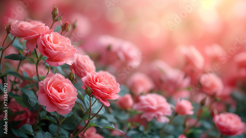 Fototapeta Naklejka Na Ścianę i Meble -  Pink roses in full bloom during gardening season in summer field