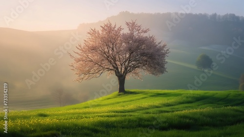 Papel de parede de primavera com campos verdes e floridos.