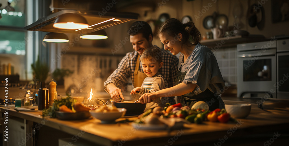 the warmth and connection of a family cooking together in a kitchen, sharing culinary traditions and creating memories High-resolution photograph clean sharp focus, focus stacking, digital photograph