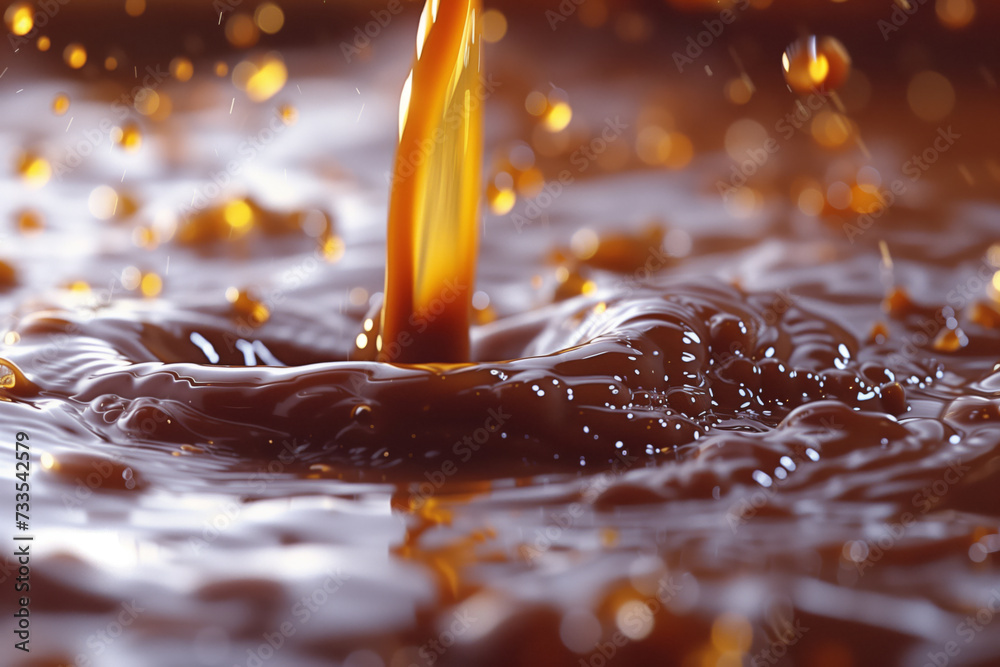 Stream of pouring hot chocolate as a close-up background - obrazy, fototapety, plakaty 