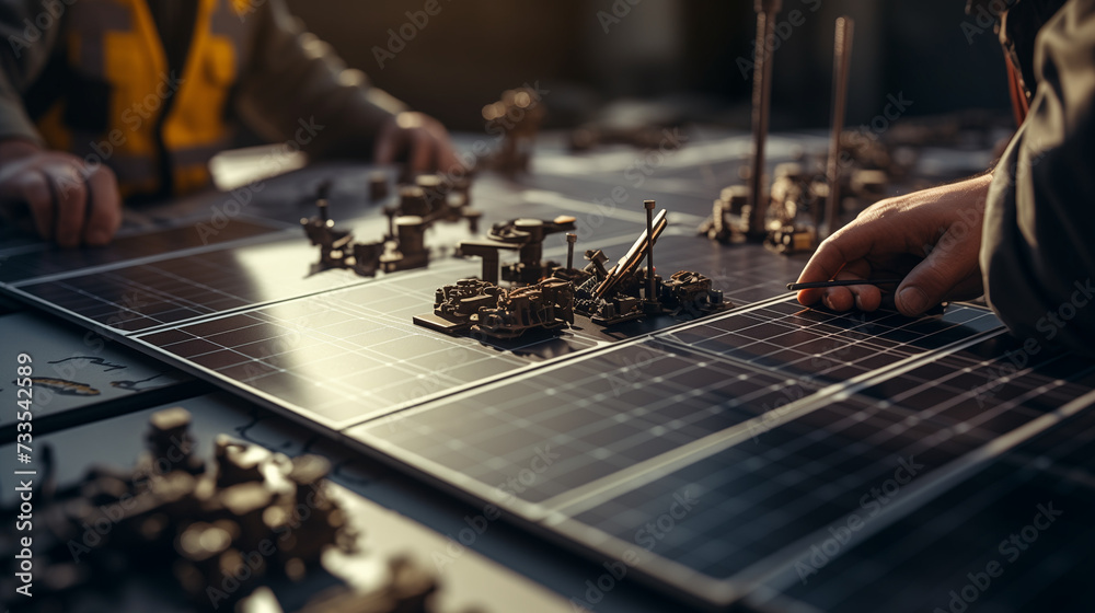 engineer working with solar panel model, eco friendly green technology engineer working with solar panel model, eco friendly green technology