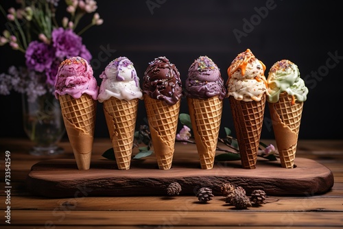 Delicious various flavored ice creams in waffle cones