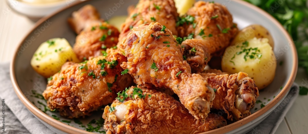 A comforting dish of fried chicken and potatoes, a popular comfort food made by deep frying meat and produce, perfect for any cuisine. A comforting dish of fried chicken and potatoes, a popular comfort food made by deep frying meat and produce, perfect for any cuisine.