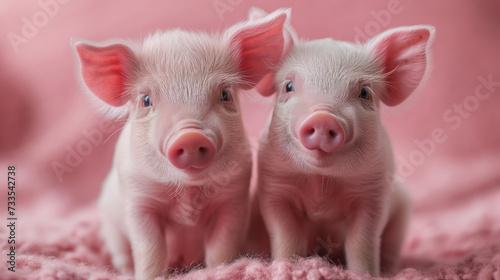 Two baby pigs sitting side by side, pink background, bokeh, 