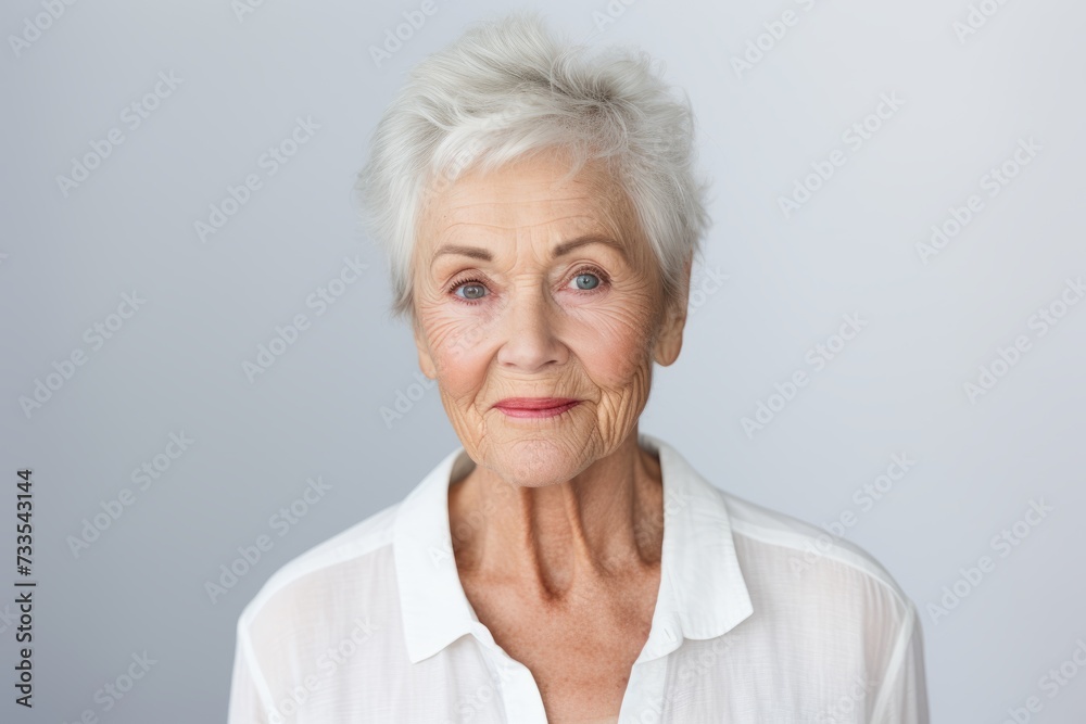 Portrait of a senior woman looking at the camera against grey background Portrait of a senior woman looking at the camera against grey background