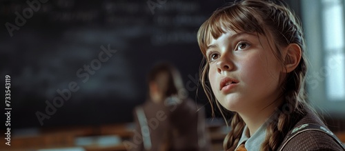A young girl, pleased to be in class, sits in front of a blackboard. In the darkness, her eyelashes flutter as she imagines fictional characters. Fun learning environment captured in a photo caption.
