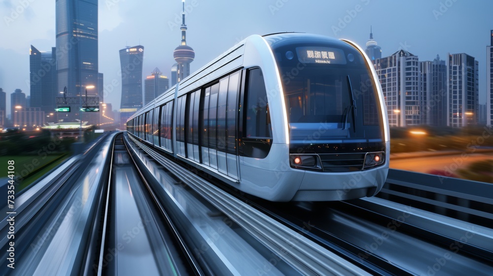 Fototapeta premium A subway or metro is going with cityscapes in the background to show transport.