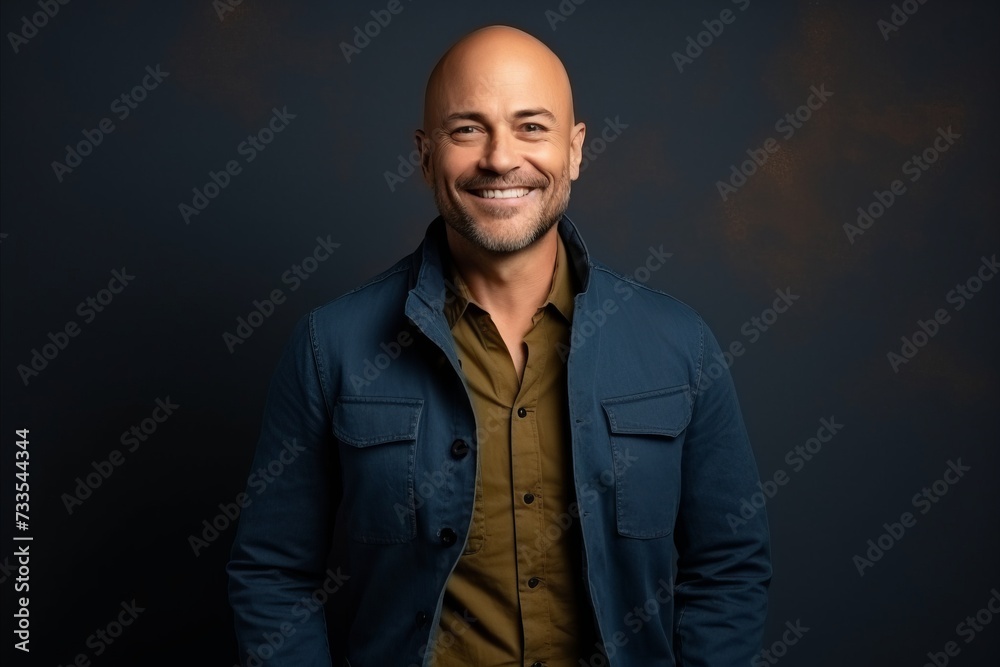 Portrait of a handsome bald man smiling against a dark background. Portrait of a handsome bald man smiling against a dark background.