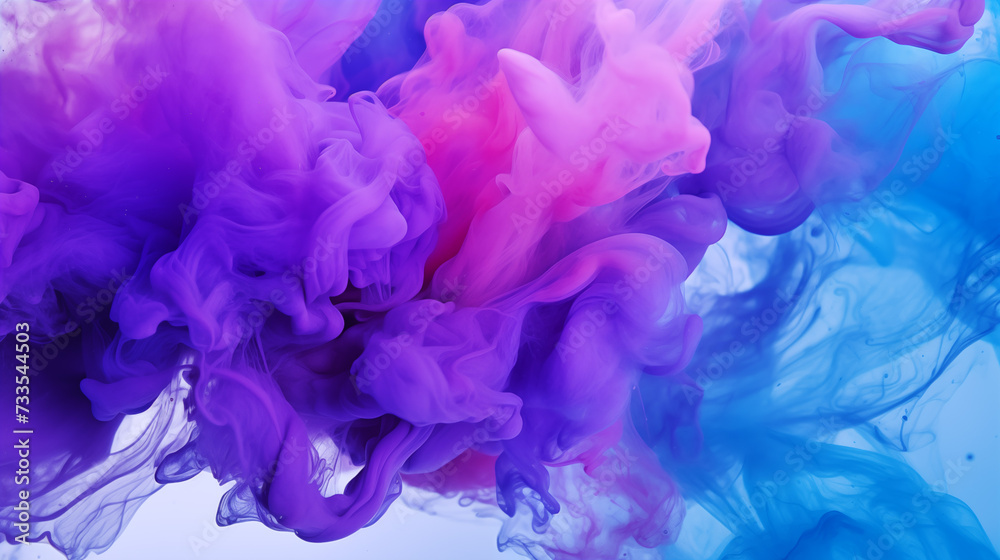 Abstract vivid background. Photo of Ink in water. Colorful smoke. Purple blue and pink smooth paint stains. Backdrop with space for text. Eye-catching background for social media and printing design. 