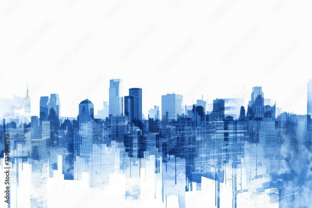 A city scape in blue against a white background.