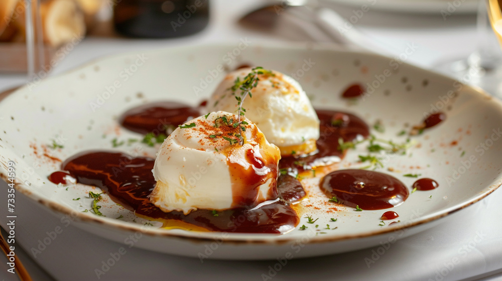 A Delectable Feast of Eggs Meurette: A Close-Up View of Poached Eggs in Red Wine Sauce, Served on a Table