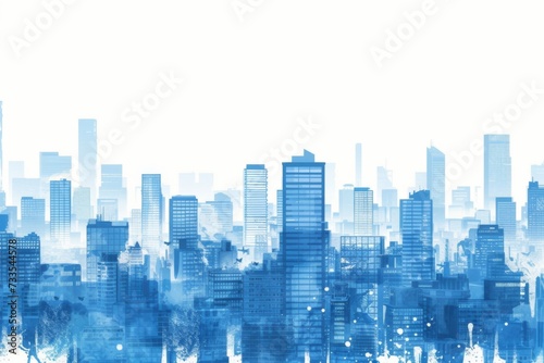 A city scape in blue against a white background.