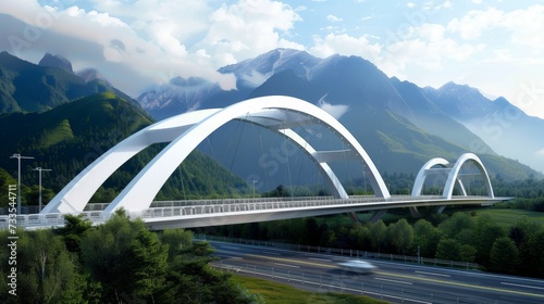 A white bridge on a highway with mountains in the background.