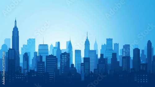 A blue city skyline with tall buildings.
