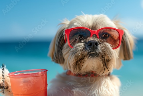 cute shih tzu dog wearing sunglases on the beach, summer theme   photo