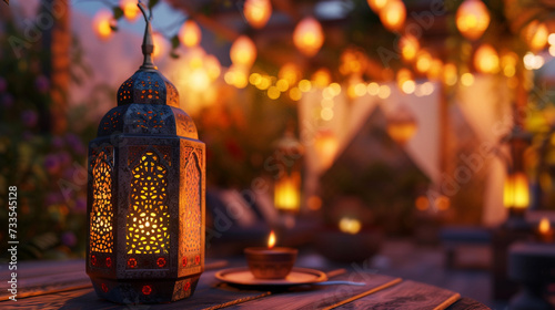 Ramadan Mubarak Celebration: A Beautiful Arabic Lantern Illuminate the Festive Atmosphere for Holiday Feasting and Joy