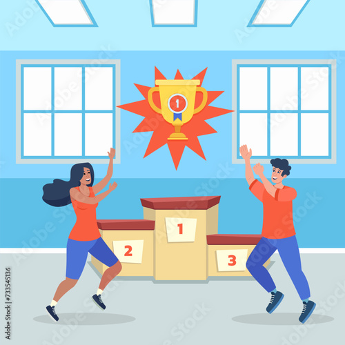 Man and woman competing for trophy cup flat vector illustration. Winner podium with champion cup on background. Competition, contest, top prize concept