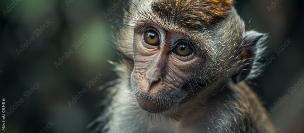 The small captive monkey bears sorrowful eyes. The small captive monkey bears sorrowful eyes.